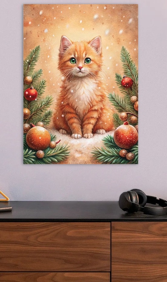 Ginger Kitten Christmas Portrait — metal poster wall art by Lineer